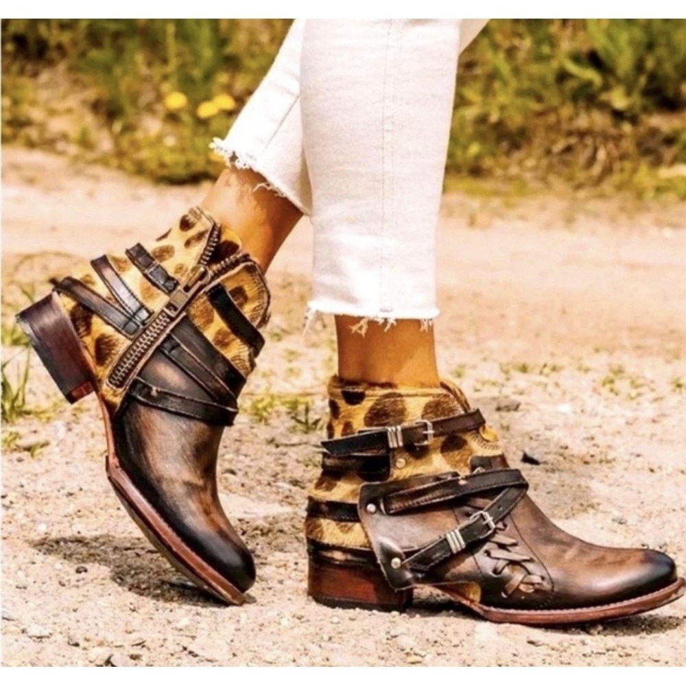 Freebird Belfast Ankle Boots Women 10 Brown Cheetah Calf Hair Distressed Leather - Picture 2 of 12